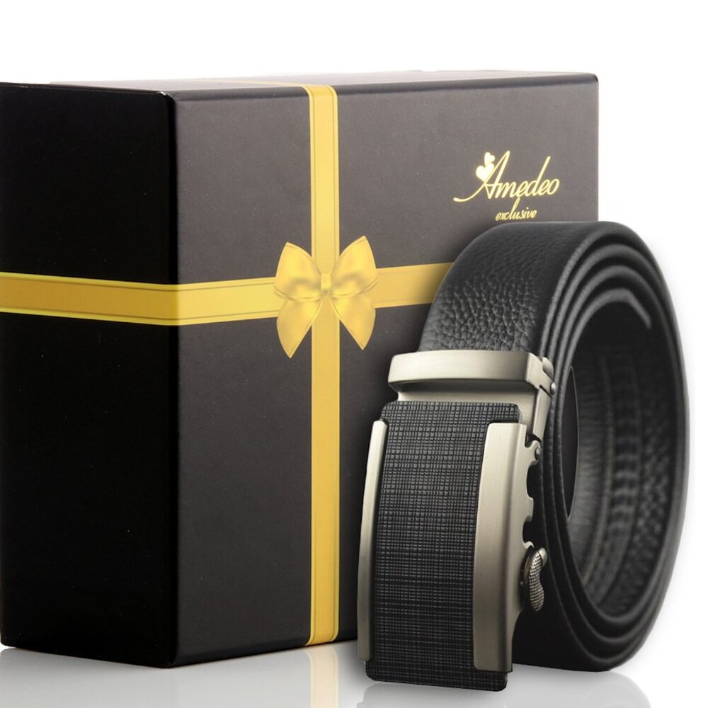 Men’s Black Ratchet Belt – Brushed Silver & Black Automatic Buckle | Adjustable